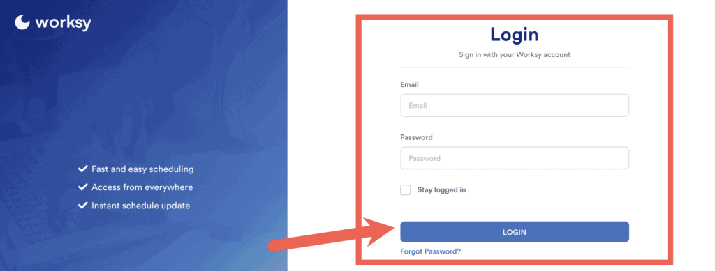 Worksy login screen at https://app.worksy.io