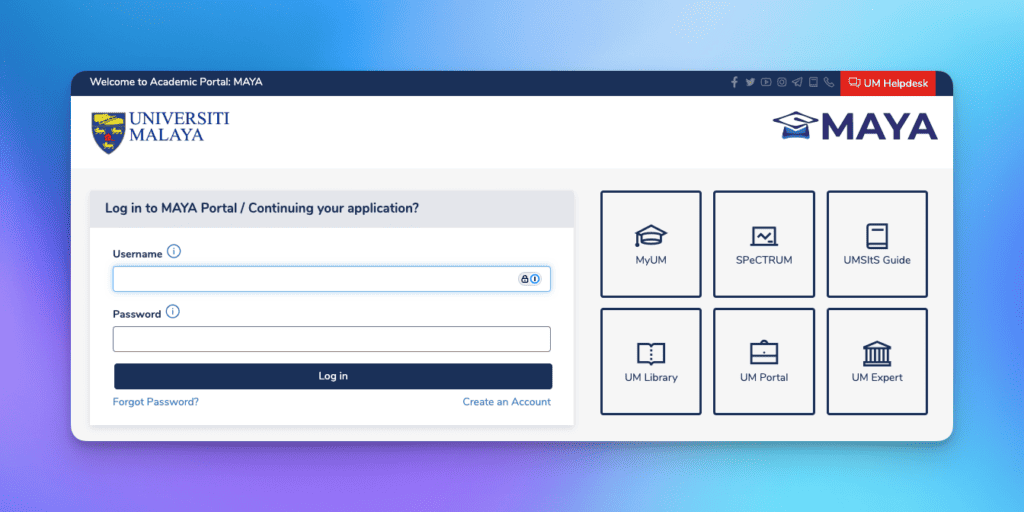 MAYA UM sign in screen at https://maya.um.edu.my