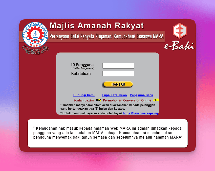 Login screen eBaki MARA V2 di https://apps.mara.gov.my/ebakiv2/