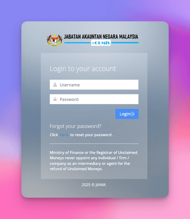 Login screen eGUMIS di https://egumis.anm.gov.my