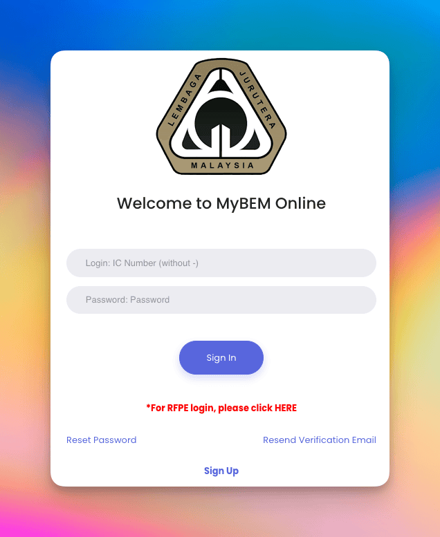 BEM sign-in screen at https://engineer.org.my