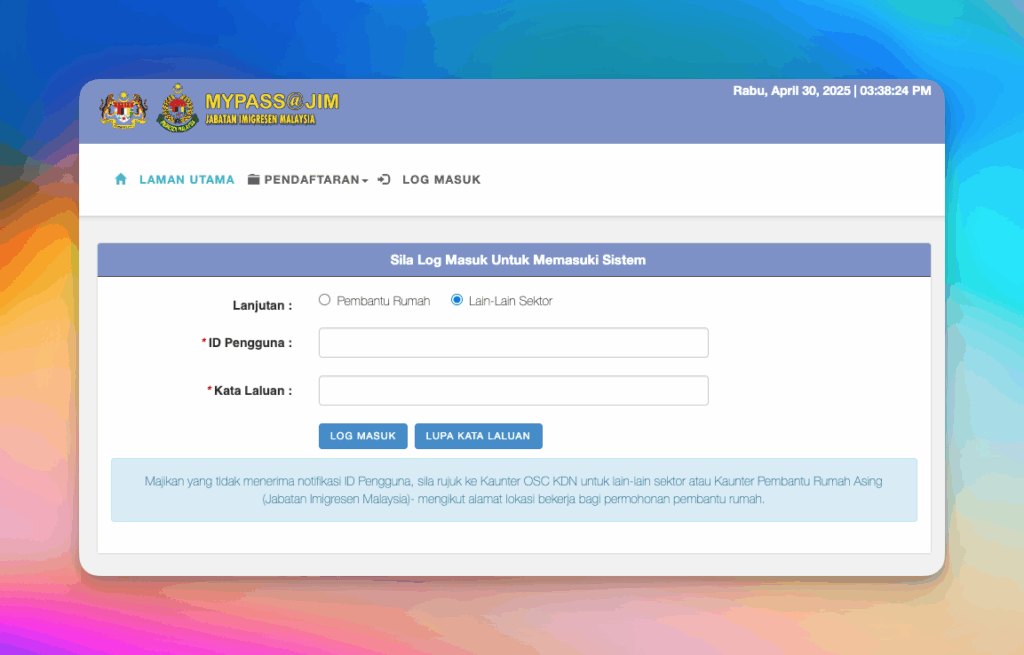 Login screen ePLKS di https://imigresen-online.imi.gov.my/mypass