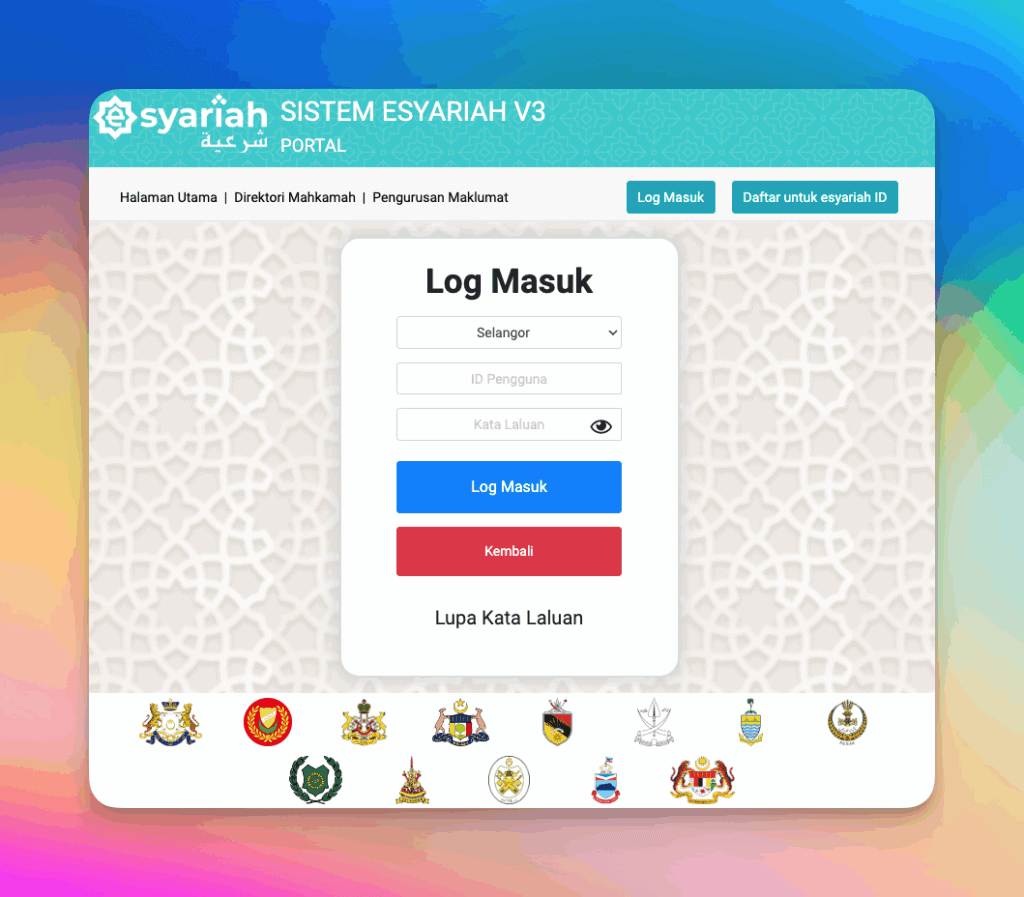 Laman login eSyariah di https://esyariah3.gov.my