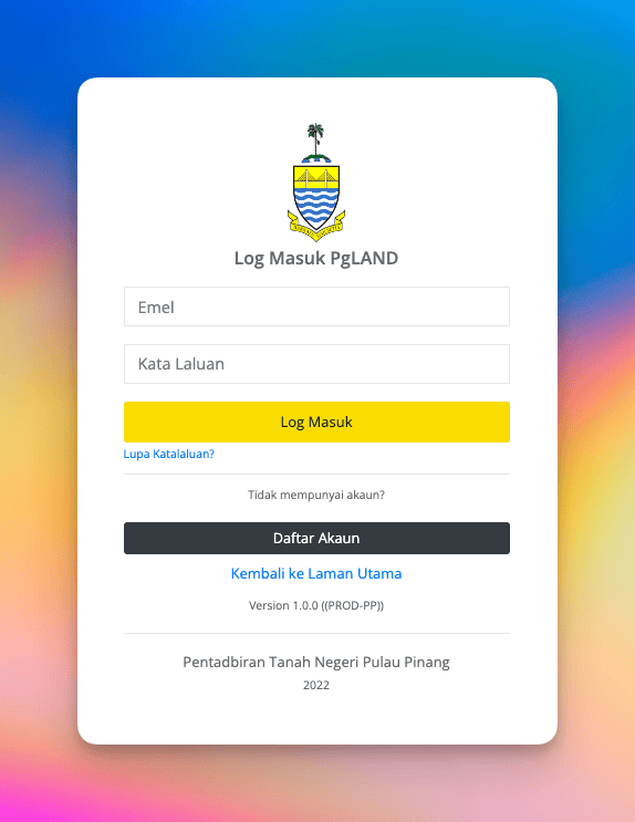 PgLAND sign-in screen at https://pgland.penang.gov.my