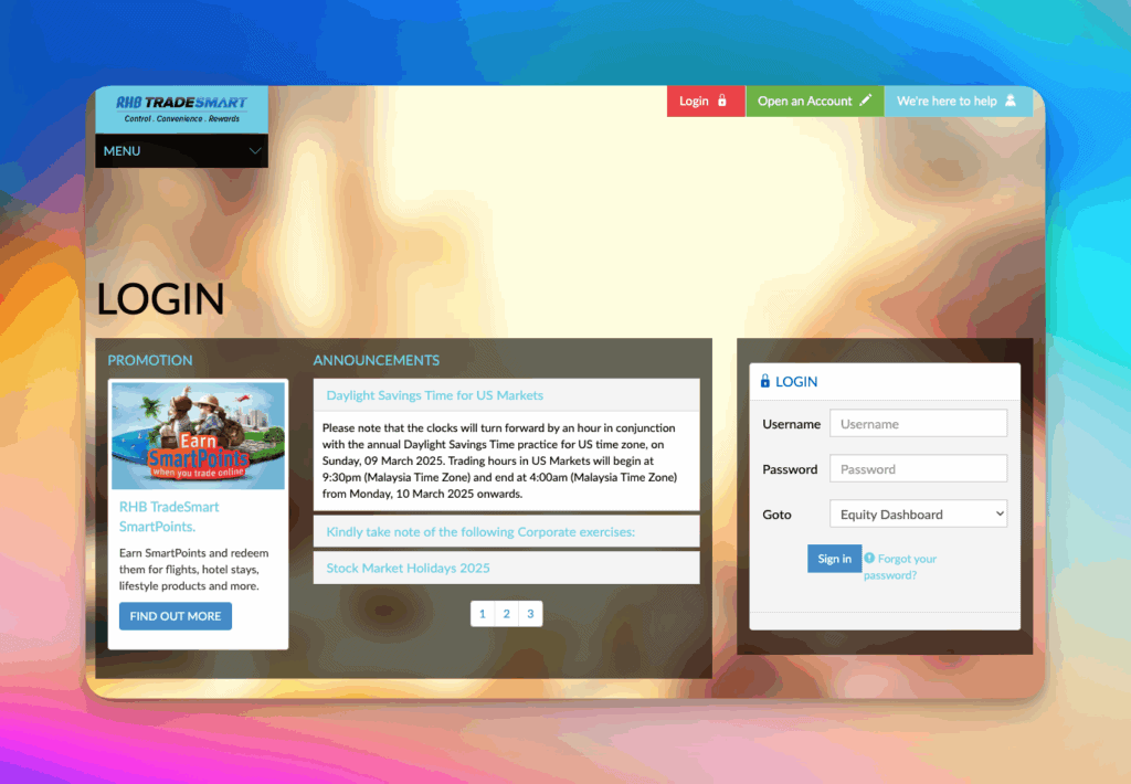 RHB TradeSmart Sign In Screen at https://www.rhbtradesmart.com