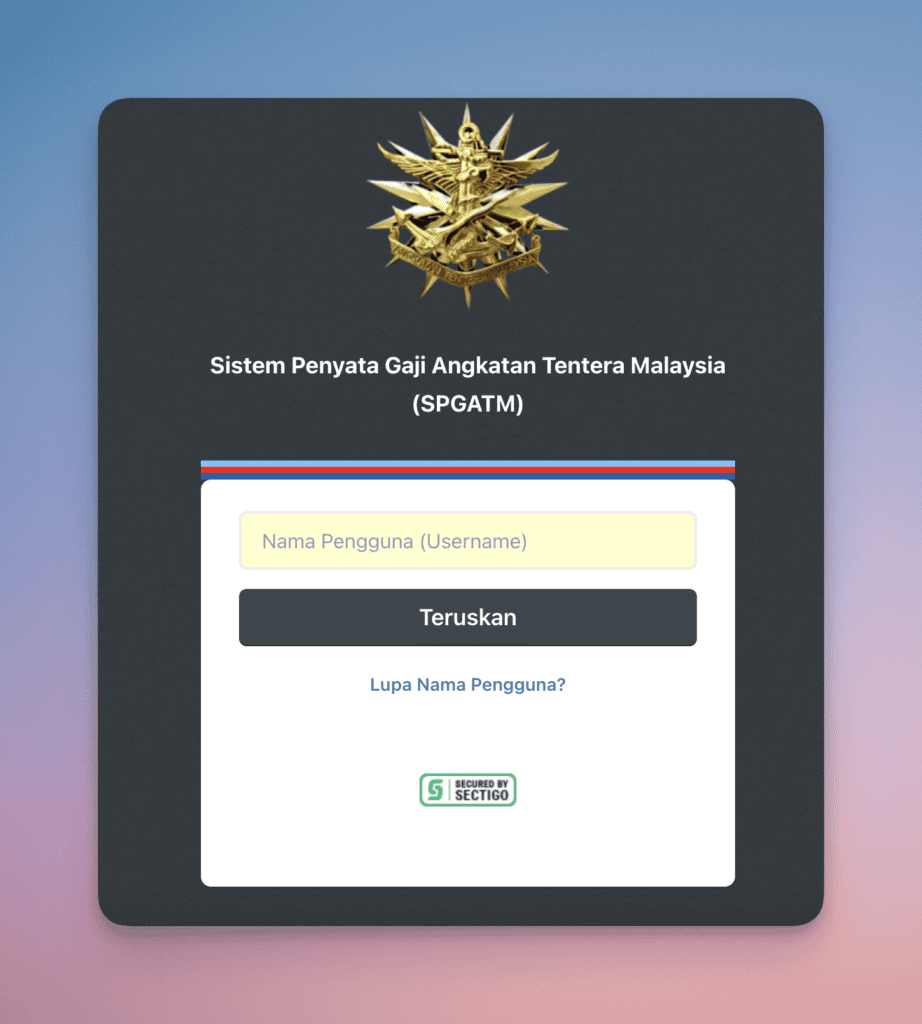 Paparan utama log masuk SPGATM di spgatm.ugat.mil.my