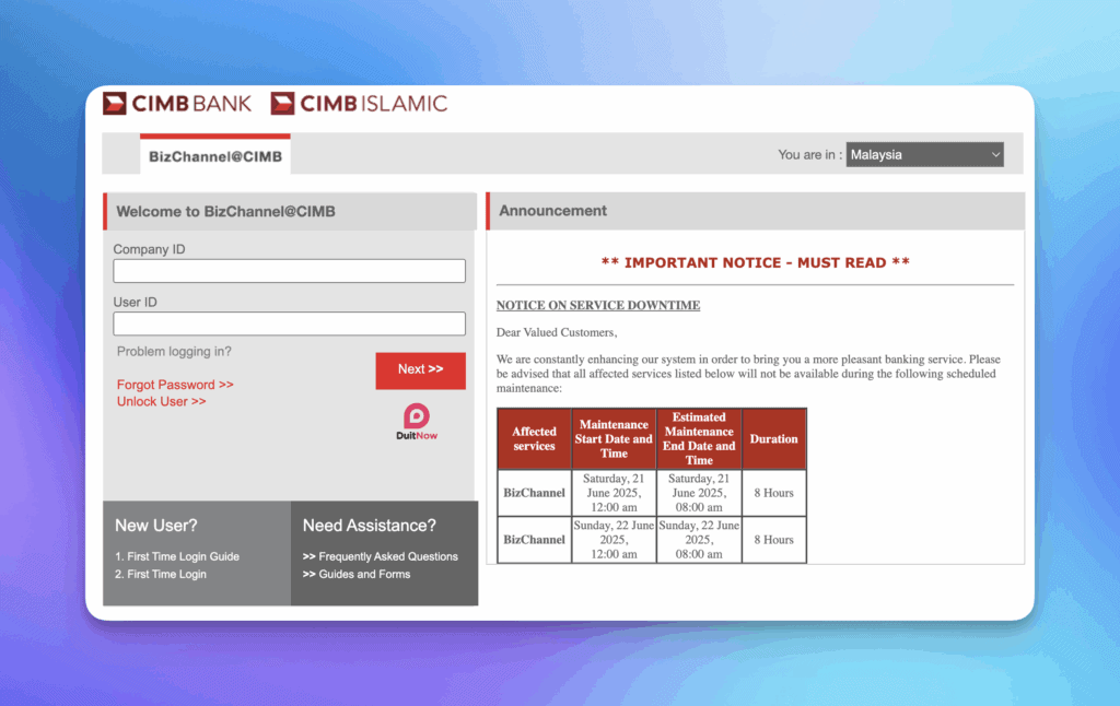 CIMB BizChannel login at https://www.cimb.bizchannel.com.my