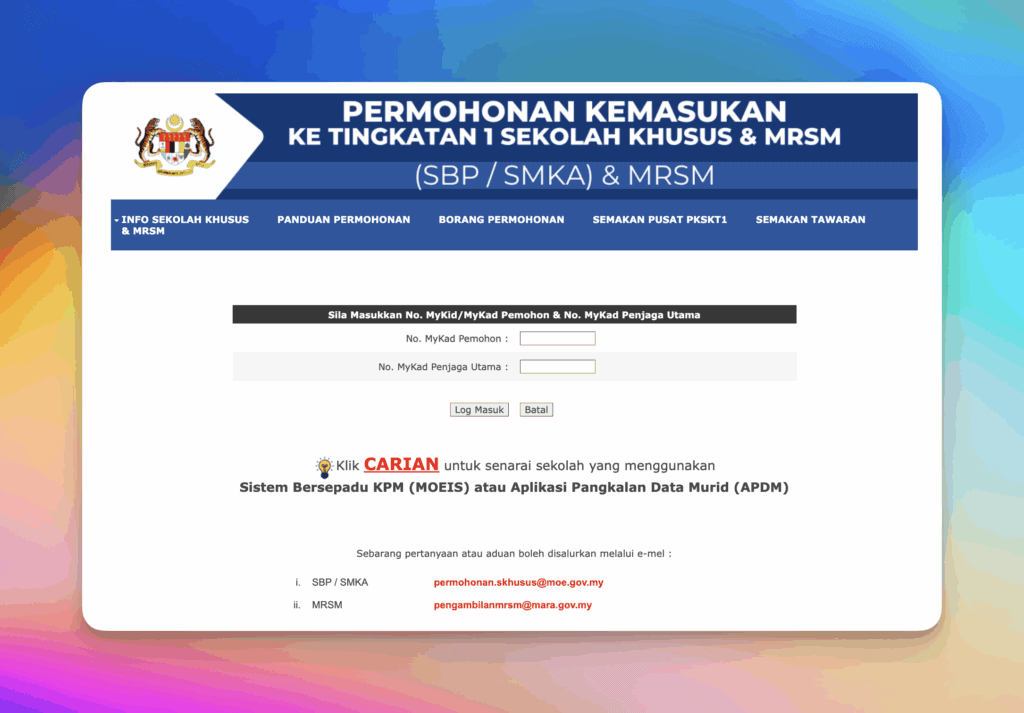 Login SPSKT1 untuk buat permohonan Sekolah Khusus Tingkatan 1