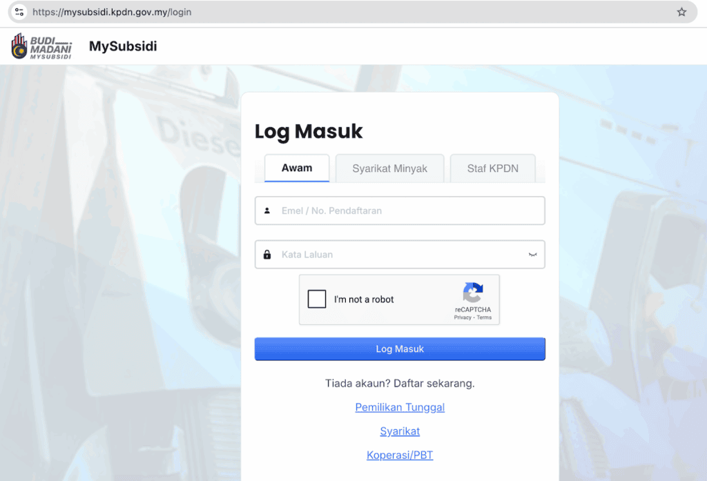 Log masuk MySubsidi Petrol